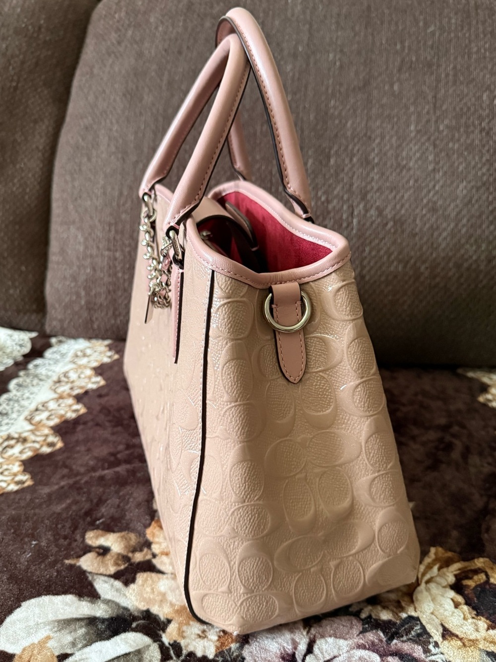 COACH Signature Logo Patent Leather Silver-Tone Margot Blush Pink Carryall Bag - Picture 4 of 15